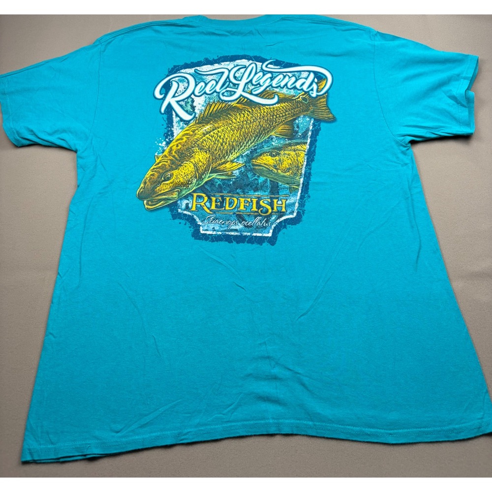 Reel Legends Mens Redfish Graphic T-Shirt XL Blue Cotton Fishing Short Sleeve